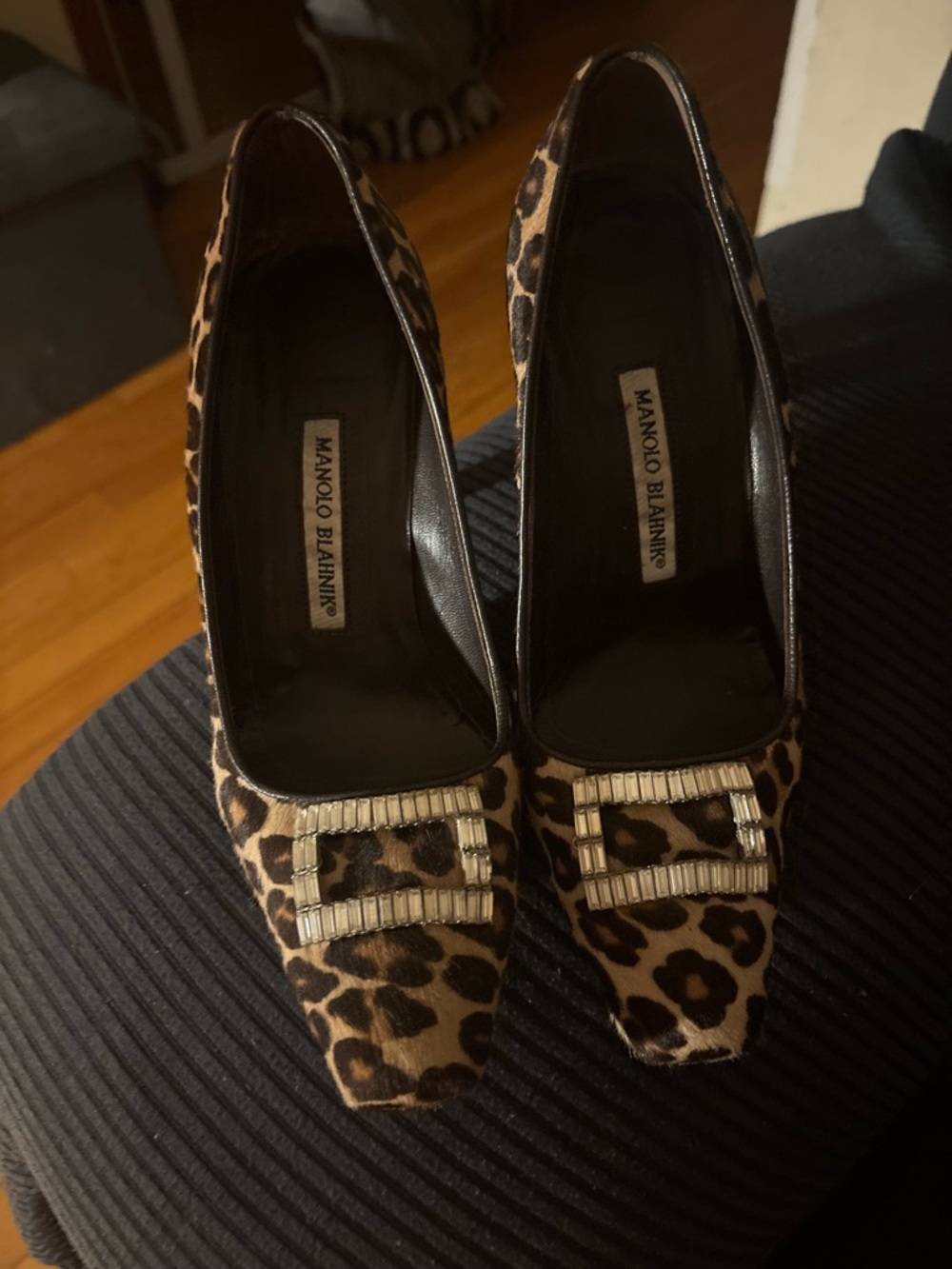 Manolo Blahnik Leopard-Print Pointed Pumps with Crystal Buckles